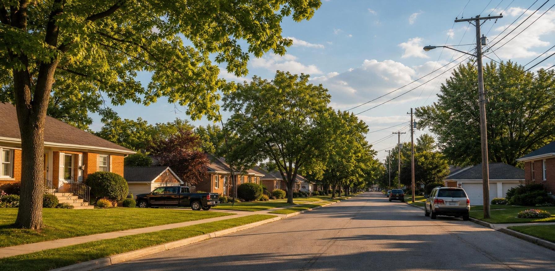 A quiet suburban residential street lined with brick houses, trees, and parked vehicles in warm evening light.